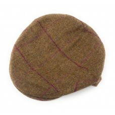 Traditional Tweed Flat Cap -100% Wool - Brown Twill with Purple Overcheck - Medium